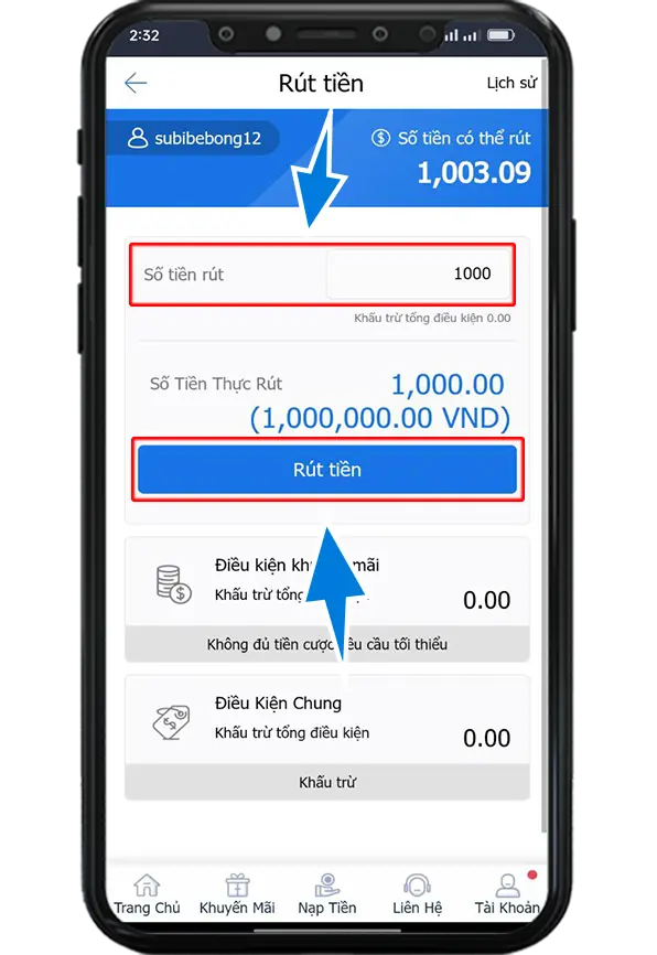 Bước 3 : Nhập số tiền mình rút (1 điểm = 1,000 VND. Ví dụ rút 1 triệu, nhập 1,000) => Bấm xác nhận rút tiền